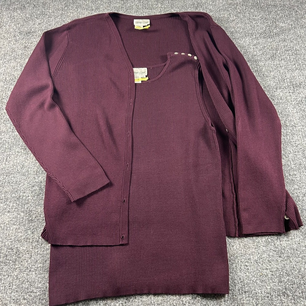 Coldwater Creek Cardigan Tank Set Womens XL Plum Ribbed Silk Cotton Sweater 2pc